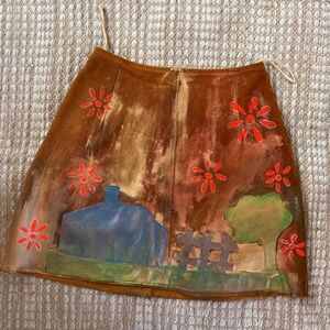 Vintage Mod Patchwork & painted Genuine Suede Leather Mini back zip Skirt 24”